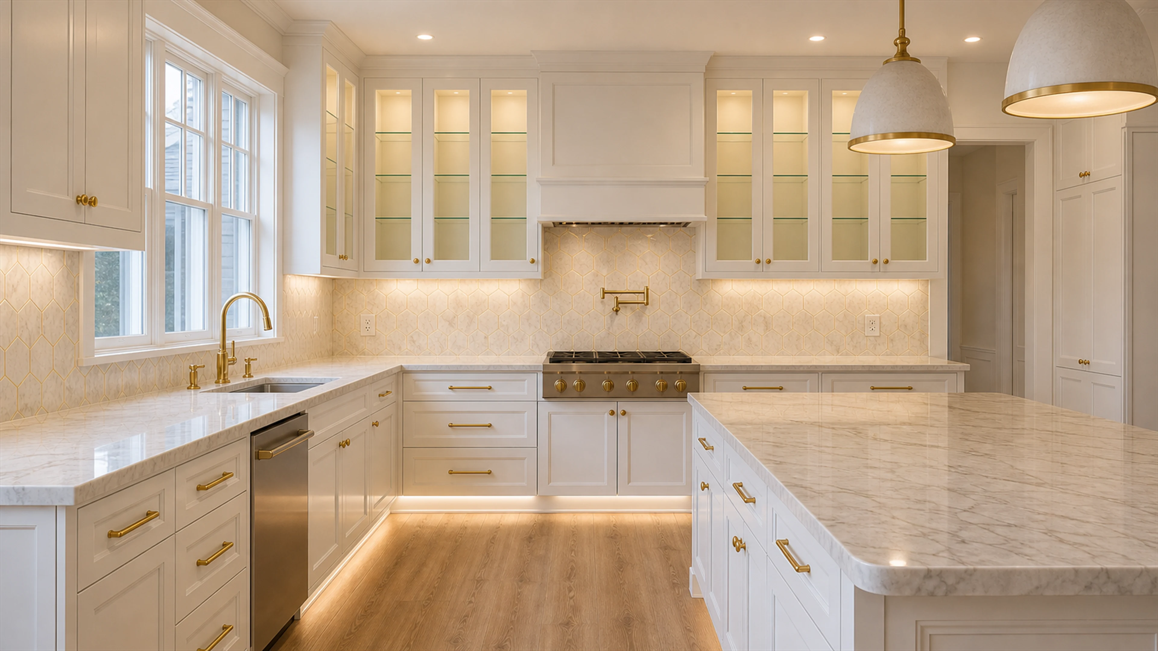 Portland kitchen remodel with white shaker cabinets, marble backsplash, and brass hardware